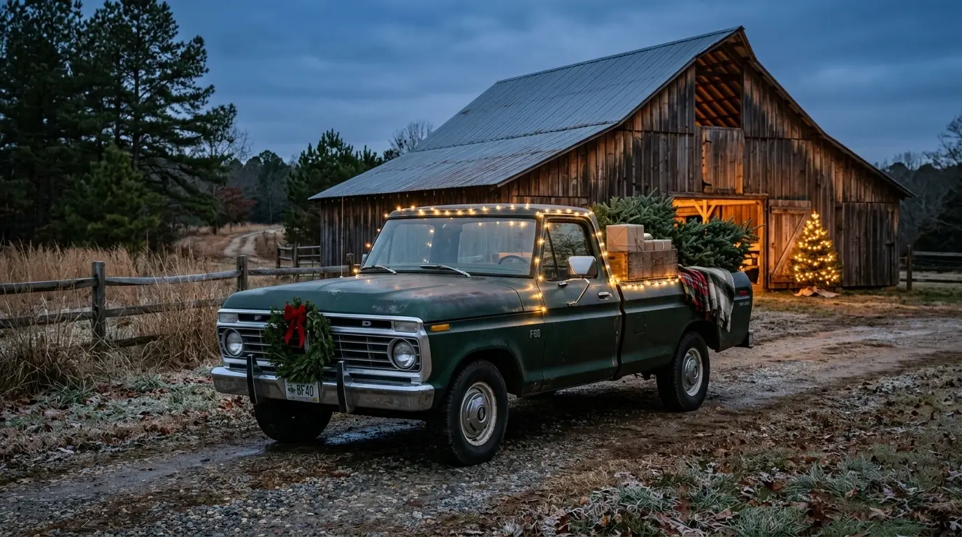 Dark green vintage pickup decorated for Christmas in front of a barn