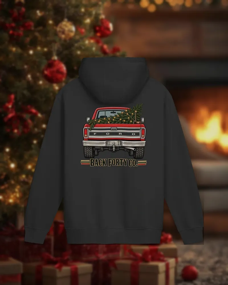 Tinsel & Tailgate Unisex Hoodie, back view with truck design