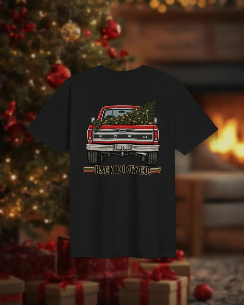 Tinsel & Tailgate Unisex Tee, back view with truck design