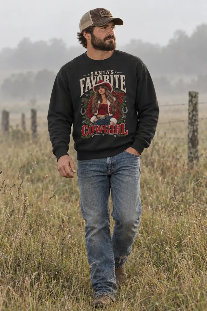 Santa’s Favorite Cowgirl™ Featuring: Ella Langley Christmas Unisex Sweatshirt, worn, in the morning fog