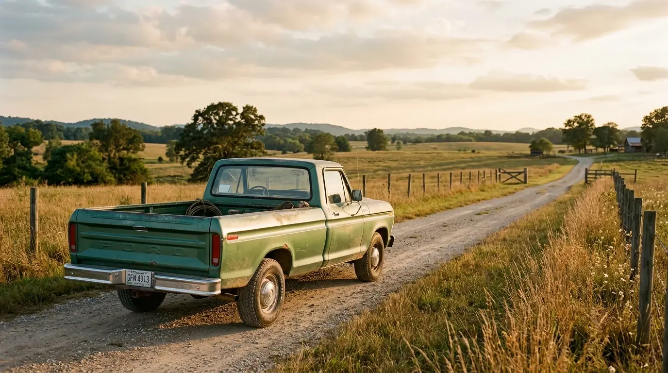 Weathered green Ford pickup parked on a dirt road beside an open pasture at sunset
